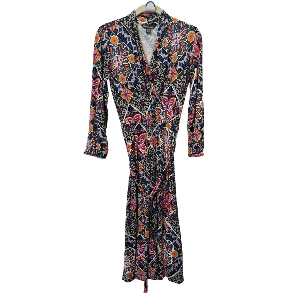 Tommy Bahama Womens XS Multicolor Geometric Floral Tile Print Wrap Midi Dress